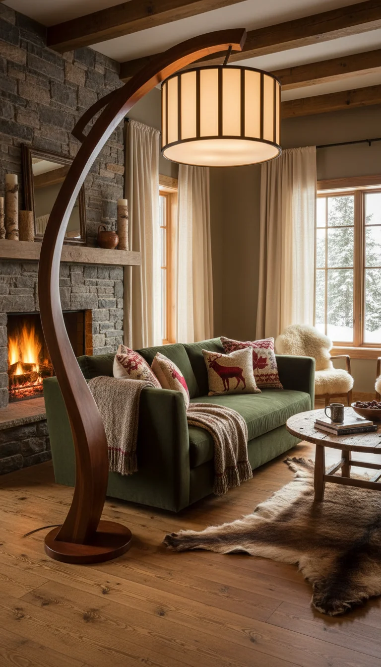 Salon chaleureux avec lampe sculpturale en bois