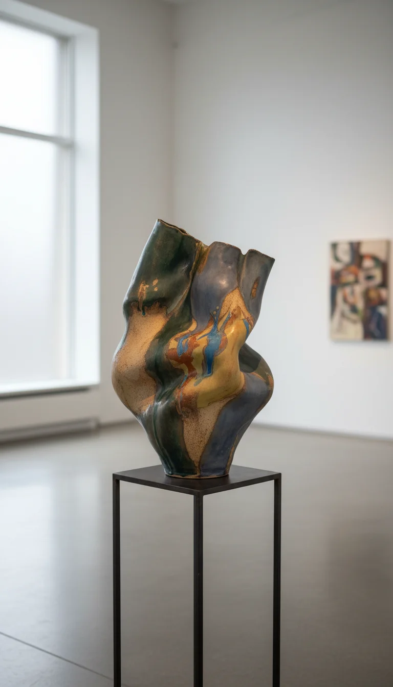 Vase céramique coloré exposé dans une galerie